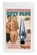 Голубая анальная пробка Mini Waterproof Butt Plug с вибрацией - 12,1 см.